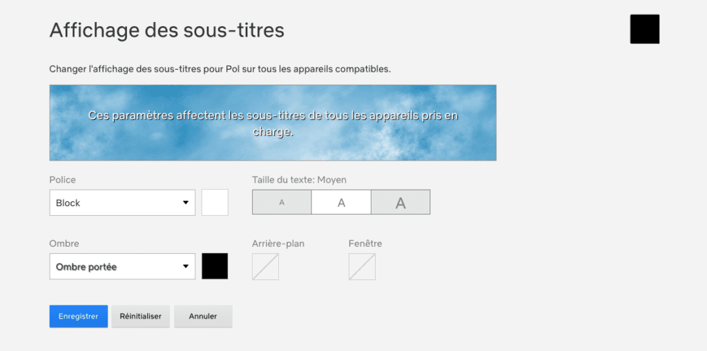 Page de modification des sous-titres Netflix