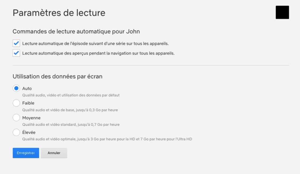 Écran de paramètre Netflix permettant de désactiver la lecture automatique